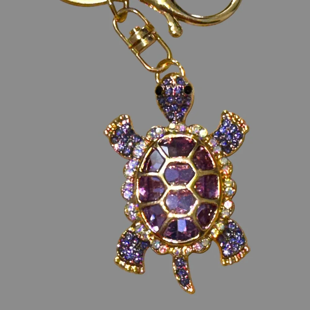 New Amethyst Purple Rhinestone Gold Tone Turtle Keychain Bag Charm